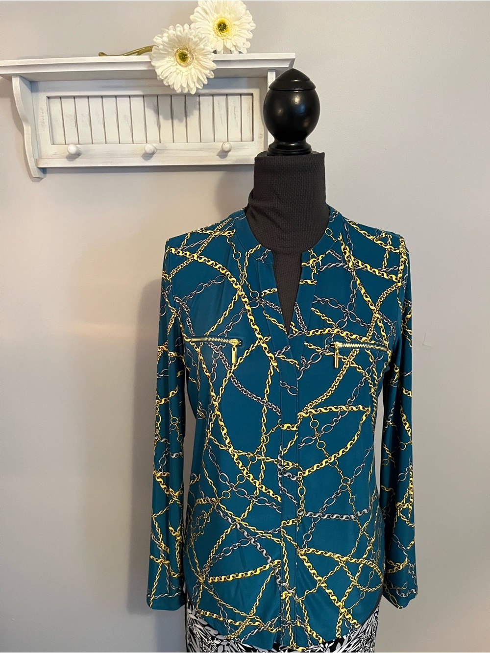 INC International Concepts Teal Blouse with Gold & Gray Chain Motif